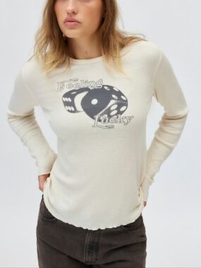 Urban Outfitters Feeling Lucky Graphic Waffle Thermal Long Sleeve Top